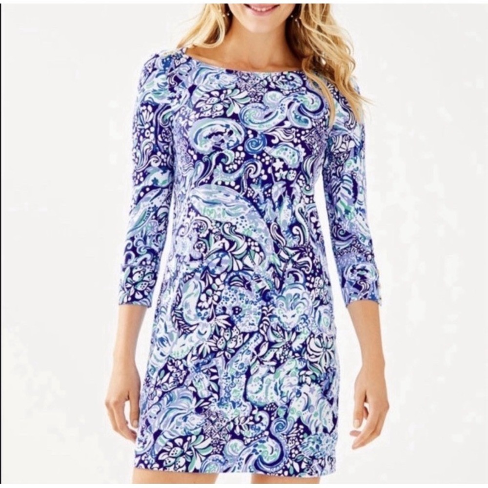 Lilly Pulitzer L Sophie Dress Sixty Animals Print Blue Whale Cruise Vacation Upf